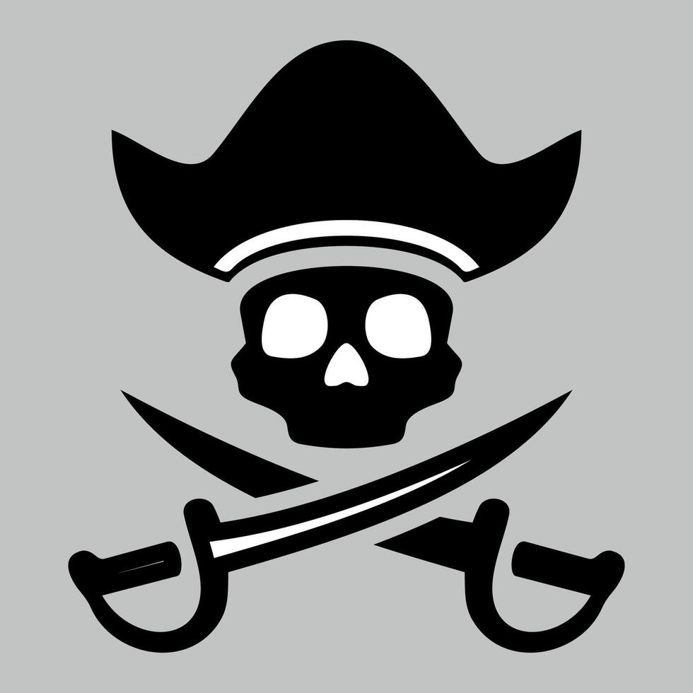 black and white pirate sign icon with skull in hat and crossbones on white background vector
