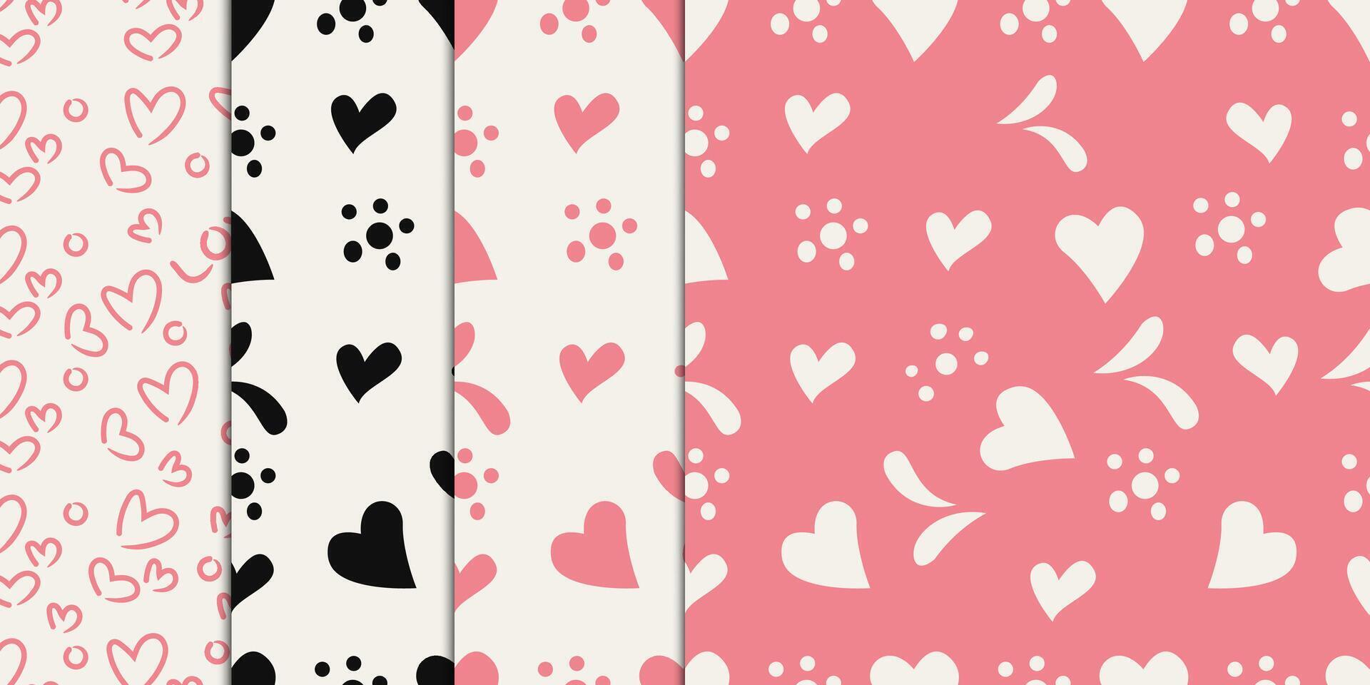 A set of four different patterns with hearts.Valentines day seamless pattern. vector