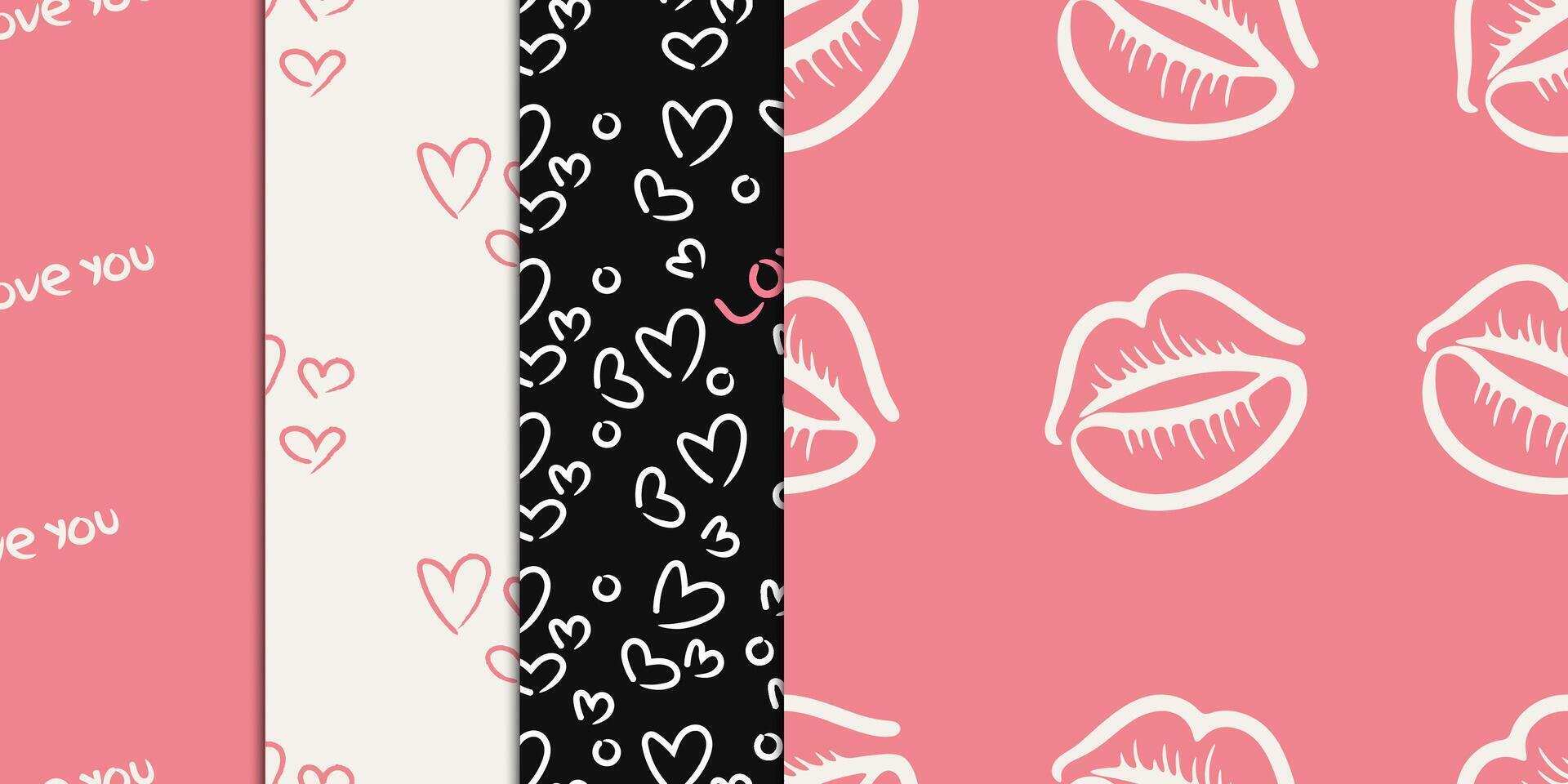 Romantic Doodle Hearts and Lips Valentines Day Seamless Pattern Set. vector