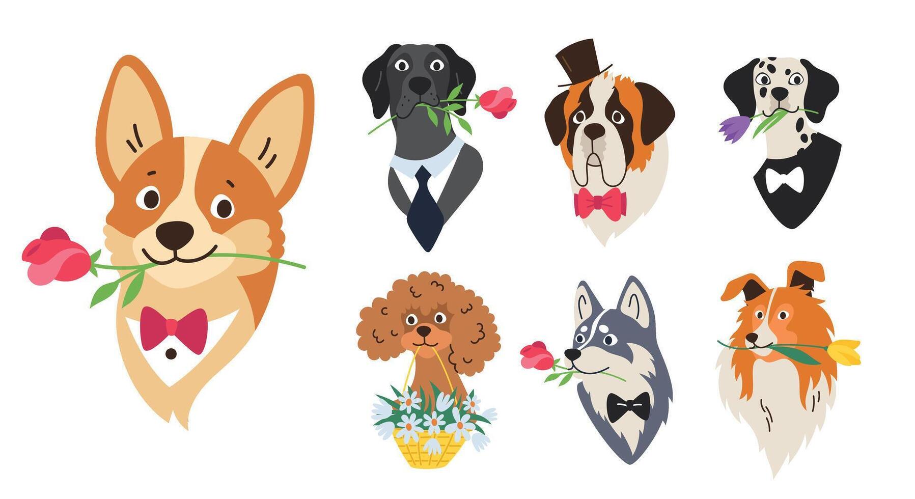 Set of dog heads with flowers in mouth. Pets of different breeds with accessories bow tie, cravat, hat. isolated flat linear illustration vector
