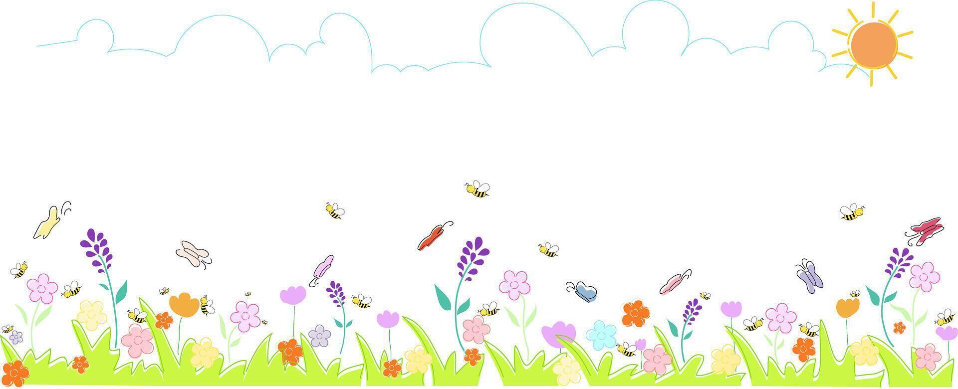 First day of Spring background, design with swarm of bees and butterflies flying around sniffing for nectar on flowers, colorful spring flowers, bright green grass, isolated on background. vector