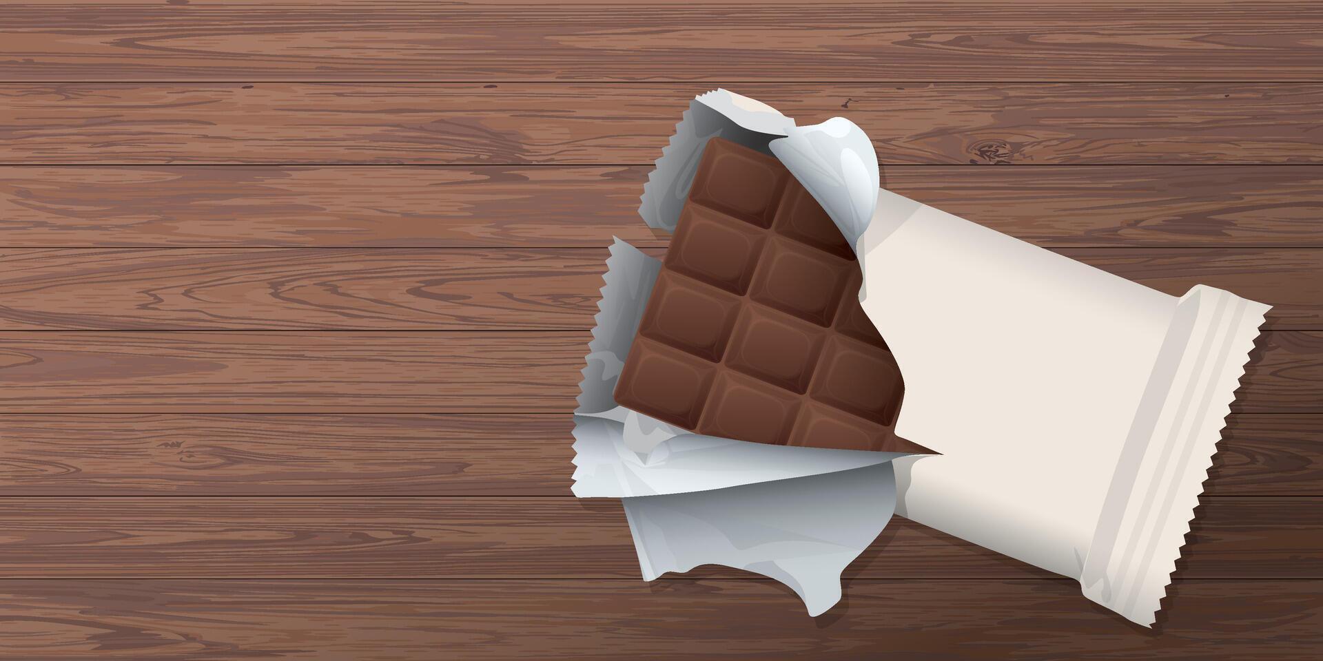 Wrapped chocolate bar was unwrapped and there was a chocolate bar inside placed on wooden table top view graphic illustration have blank space. vector