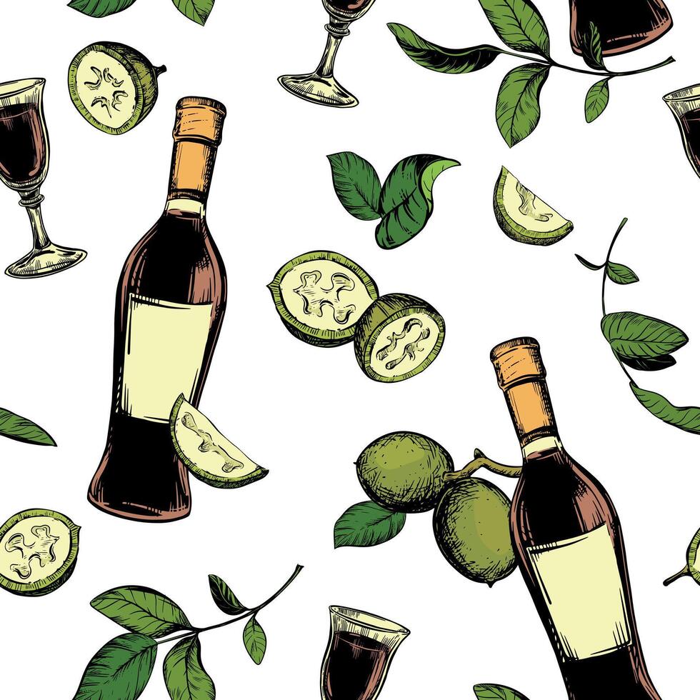 Bottle of Italian liqueur Nocino, glass with aperitif. seamless pattern in color engraving technique. Unripe walnut seeds whole and halves, leaves and branches. Linear sketch in ink. vector