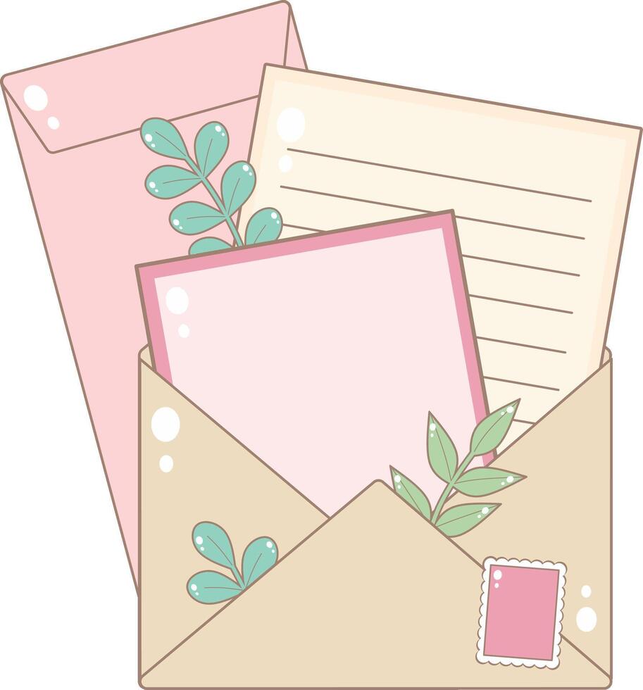 Open Envelope With Paper Letter, Card and Pink Envelope. Cute and Simple Style. vector