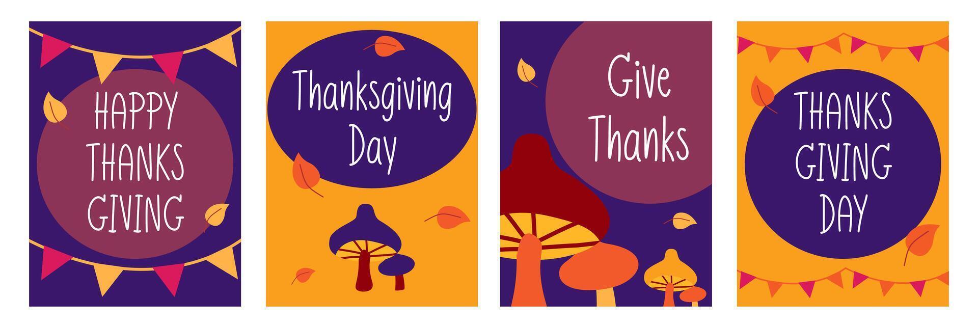 Set of Happy Thanksgiving Day banner with leaves and mushroom illustration on orange and purple background for advertising, greeting card, web, social media, poster and flyer vector