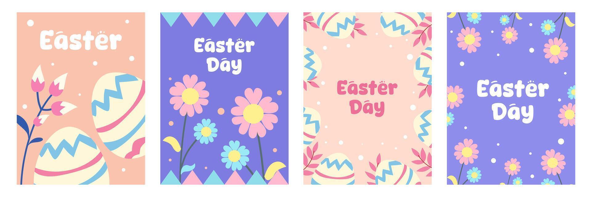Set of Happy Easter Day greeting card with eggs and flower illustration on colorful background for banner and poster. vector