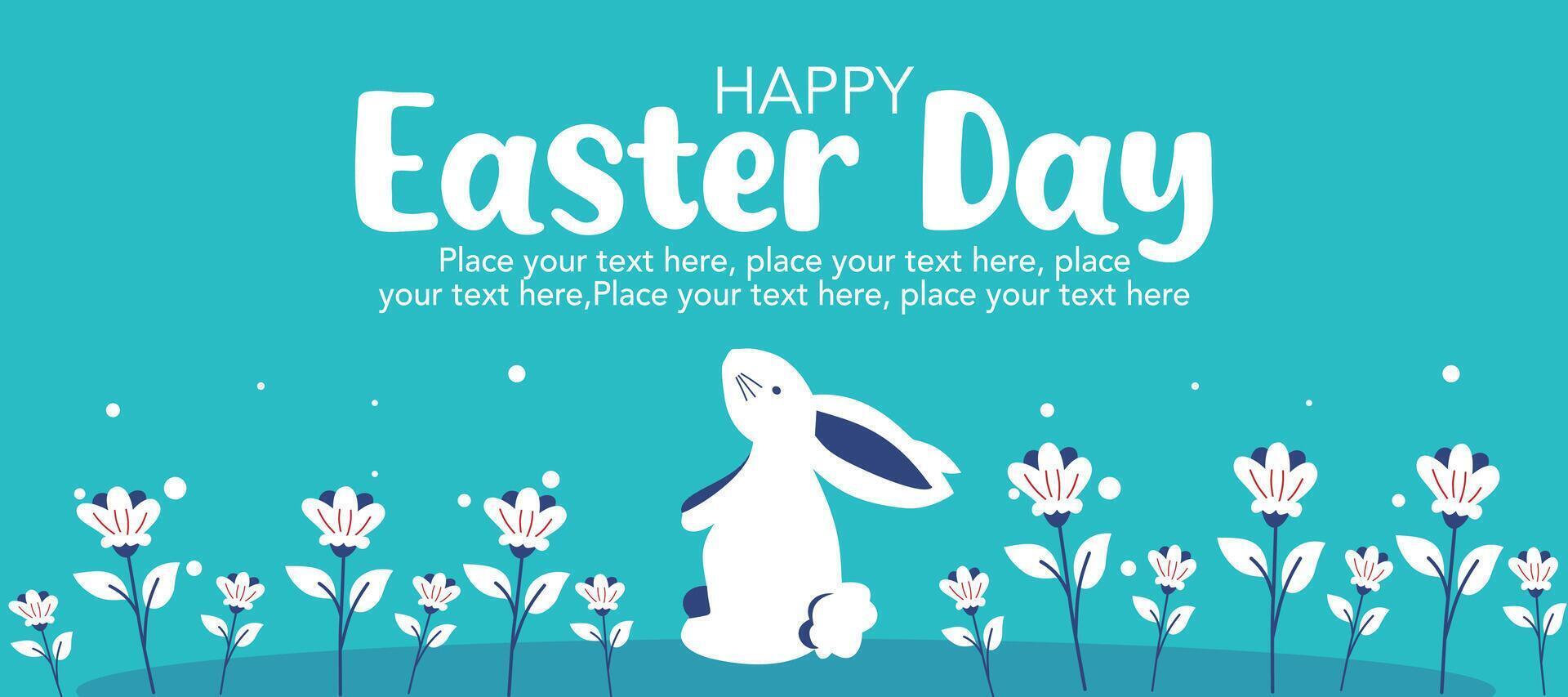 Creative Happy Easter Day greeting card with bunny and flowers illustration on blue background for banner and poster. vector