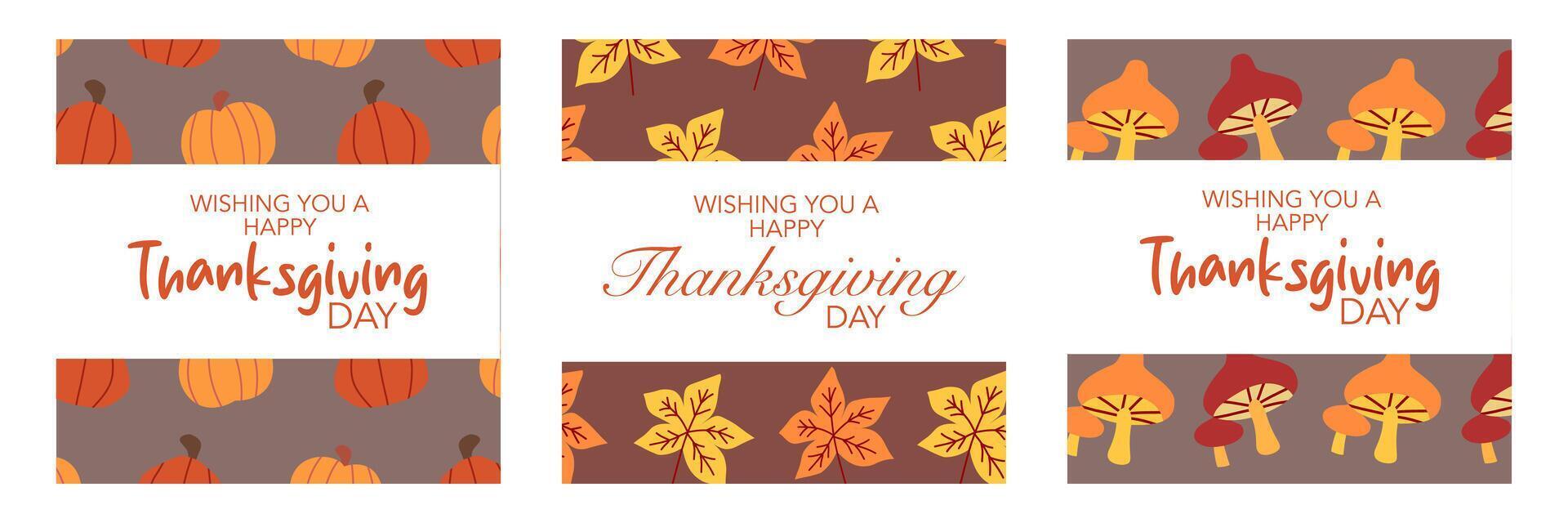 Set of Happy Thanksgiving Day banner with leaves and pumpkin illustration on gray and brown background for advertising, greeting card, web, social media, poster and flyer vector