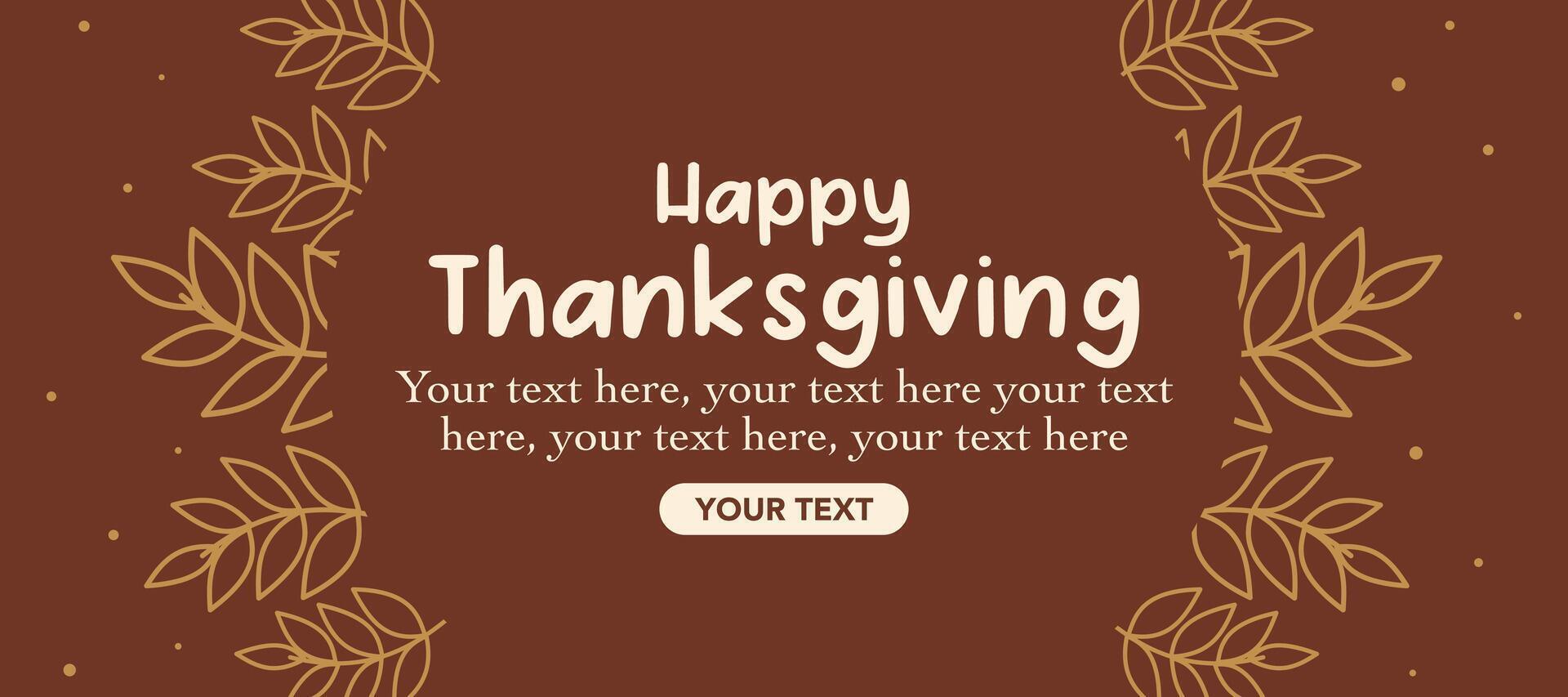 Happy Thanksgiving Day banner with leaves line illustration on brown horizontal background for advertising, greeting card, web, social media, poster and flyer vector