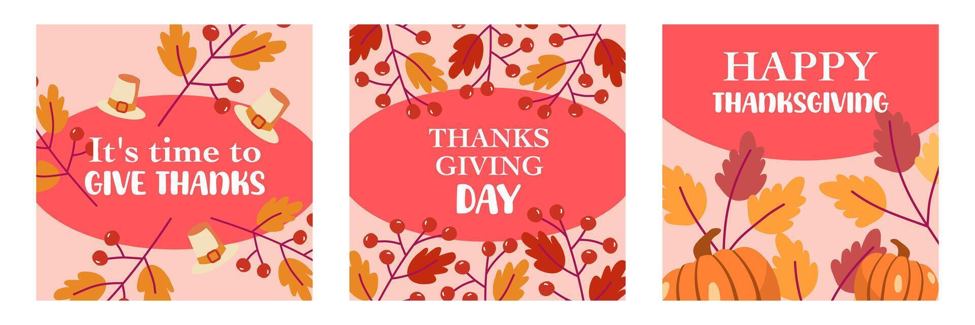 Set of Happy Thanksgiving Day banner with leaves illustration on pink background for advertising, greeting card, web, social media, poster and flyer vector