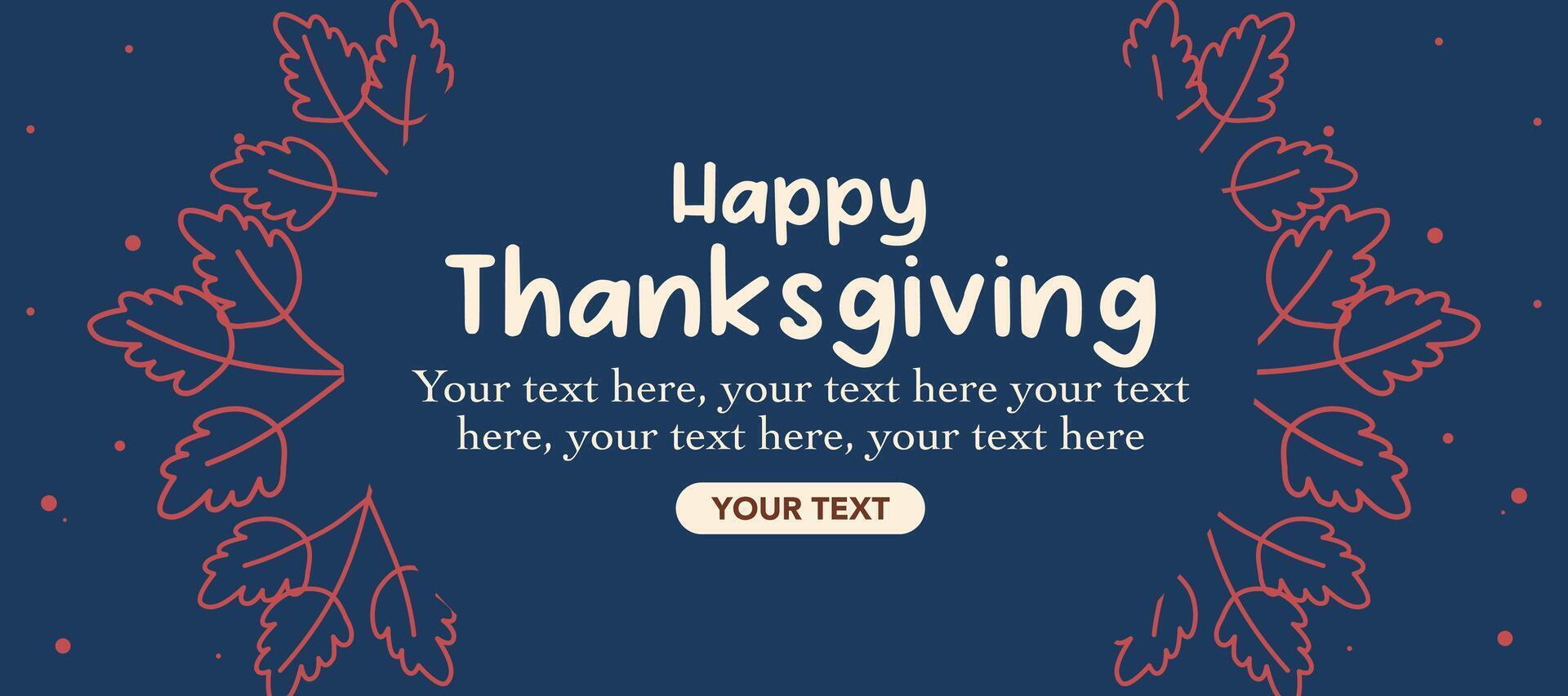 Happy Thanksgiving Day banner with leaves line illustration on blue horizontal background for advertising, greeting card, web, social media, poster and flyer vector