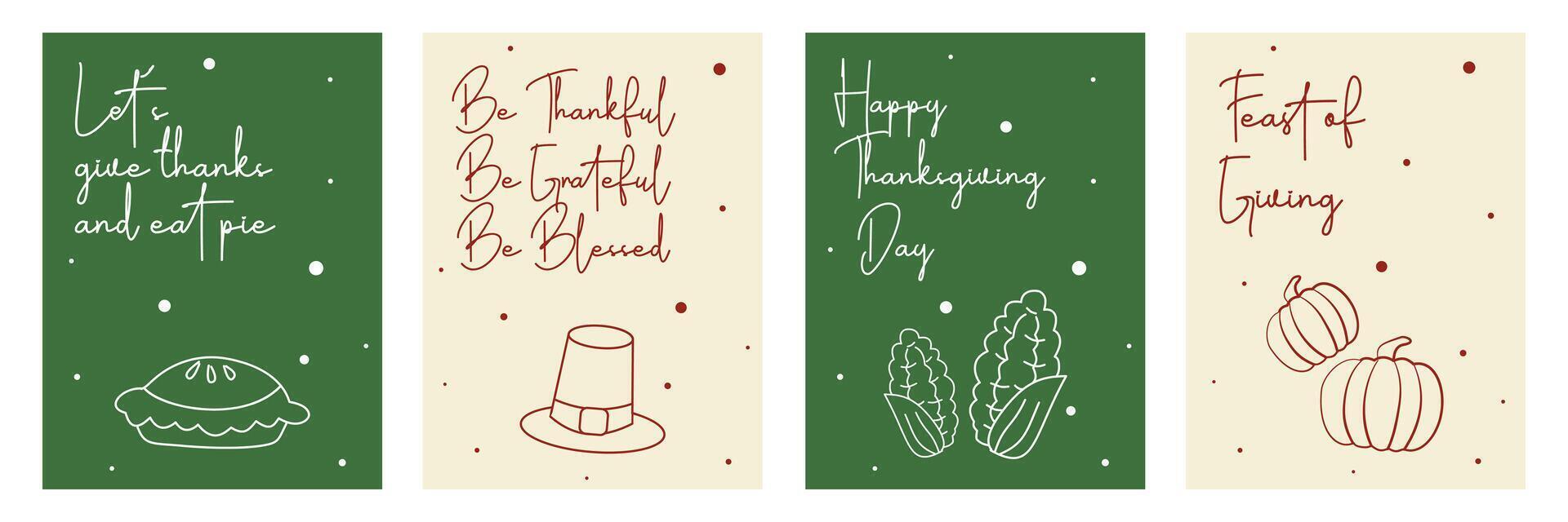 Set of Happy Thanksgiving Day banner with line illustration on white and green background for advertising, greeting card, web, social media, poster and flyer vector