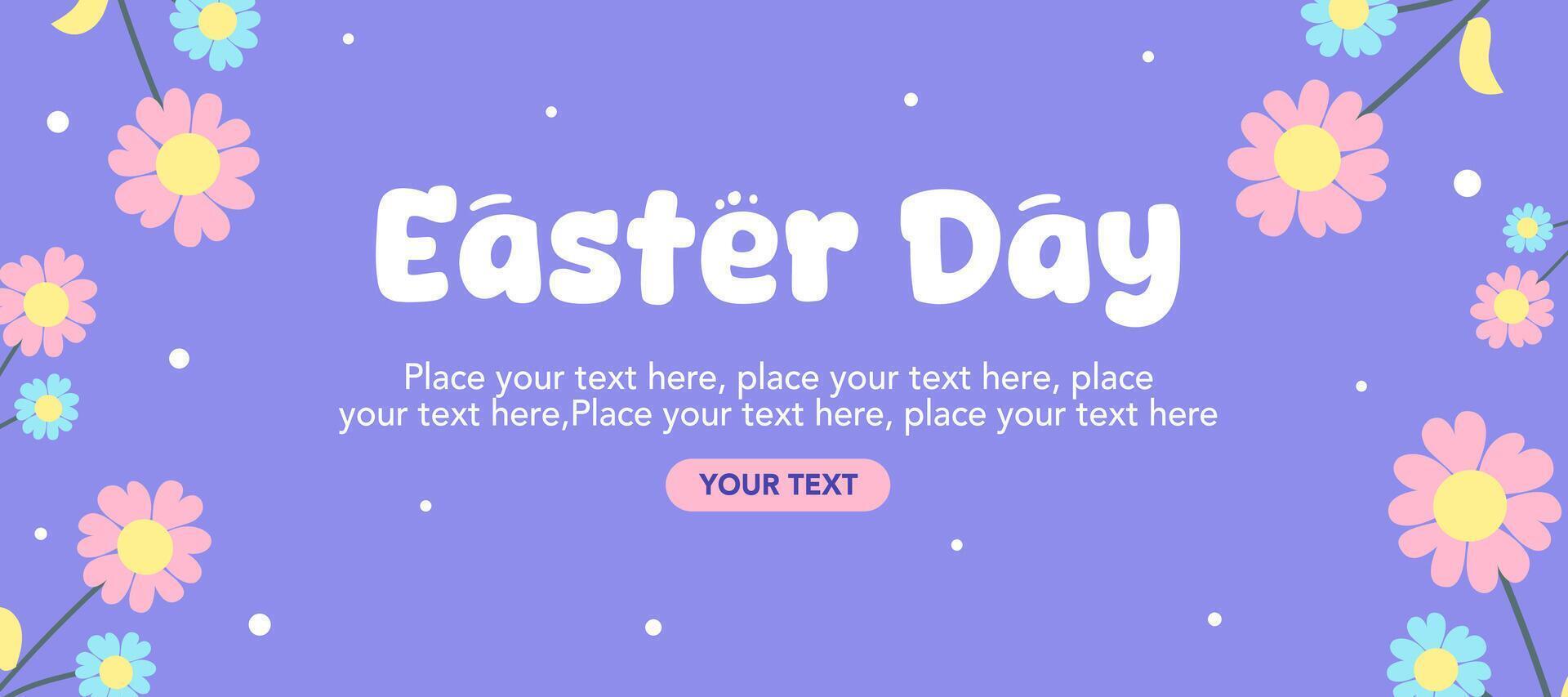 Happy Easter Day greeting card with flowers illustration on purple background for banner and poster. vector