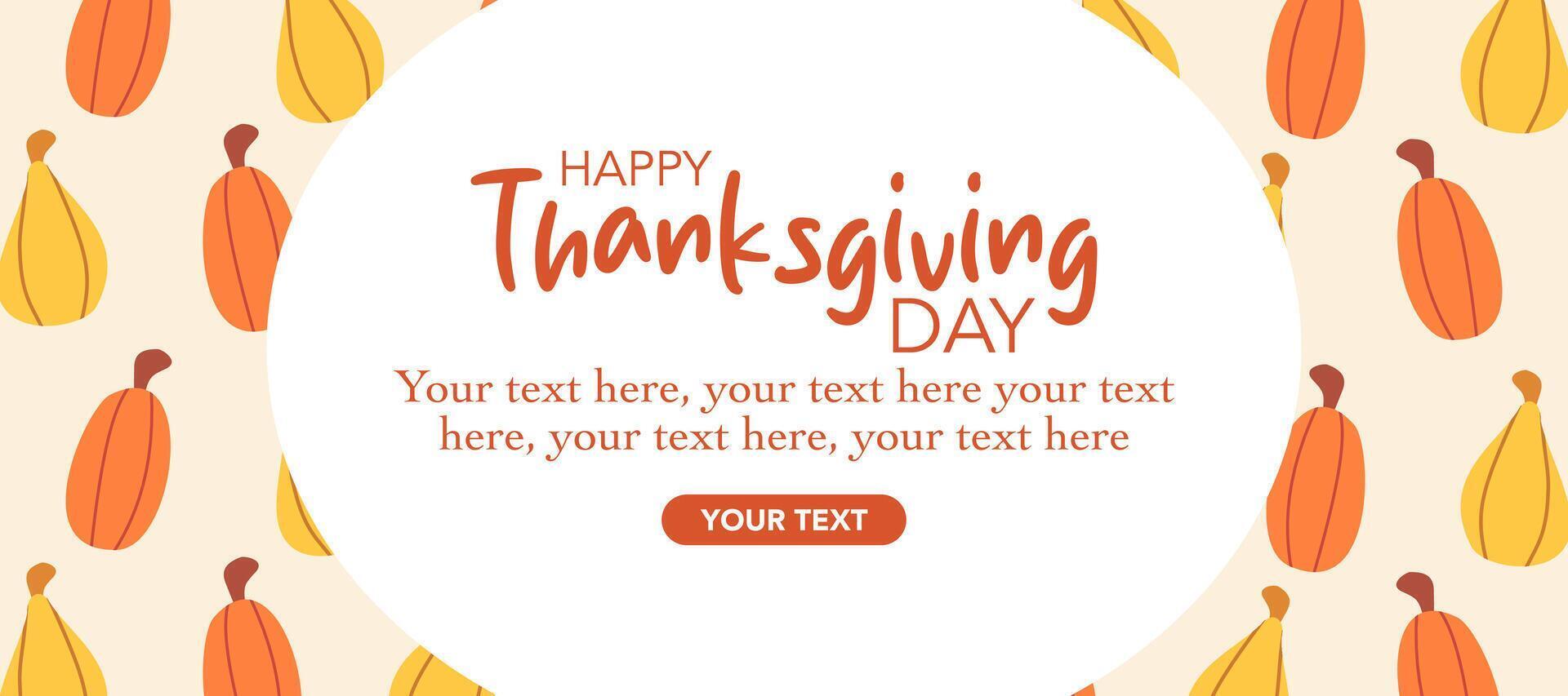 Happy Thanksgiving Day banner with cute pumpkin pattern illustration on white horizontal background for advertising, greeting card, web, social media, poster and flyer vector