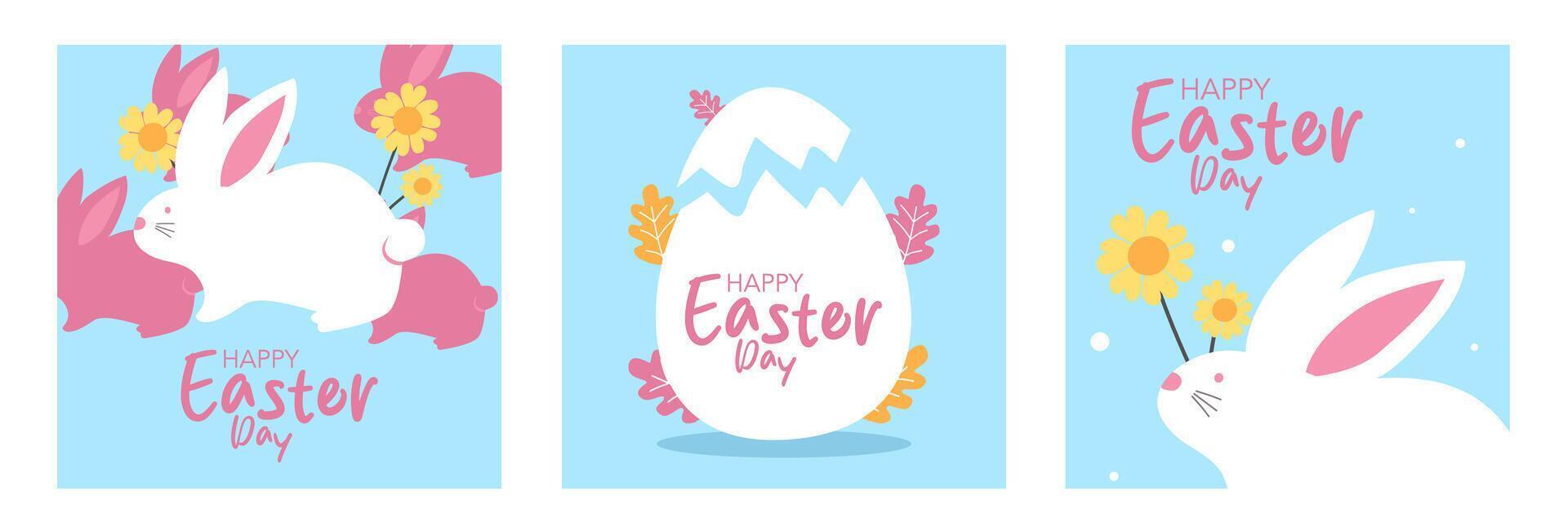 Set of Happy Easter Day greeting card with eggs and bunny illustration on blue background for banner and poster. vector