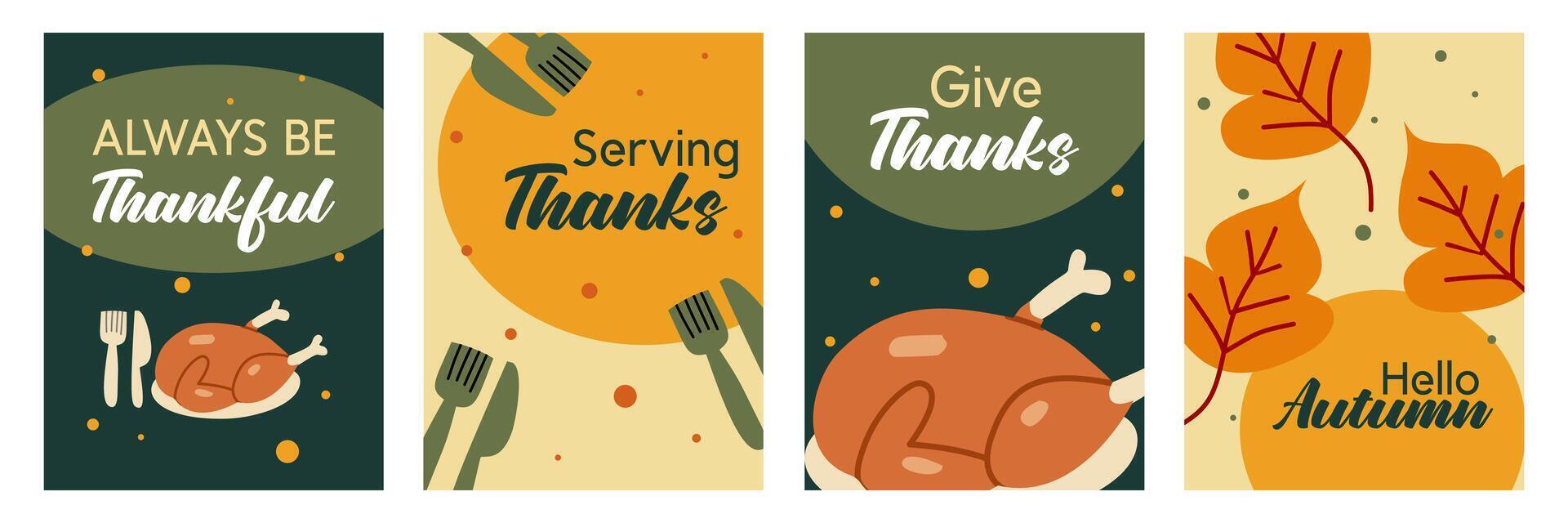 Set of Happy Thanksgiving Day banner with chicken illustration on green background for advertising, greeting card, web, social media, poster and flyer vector