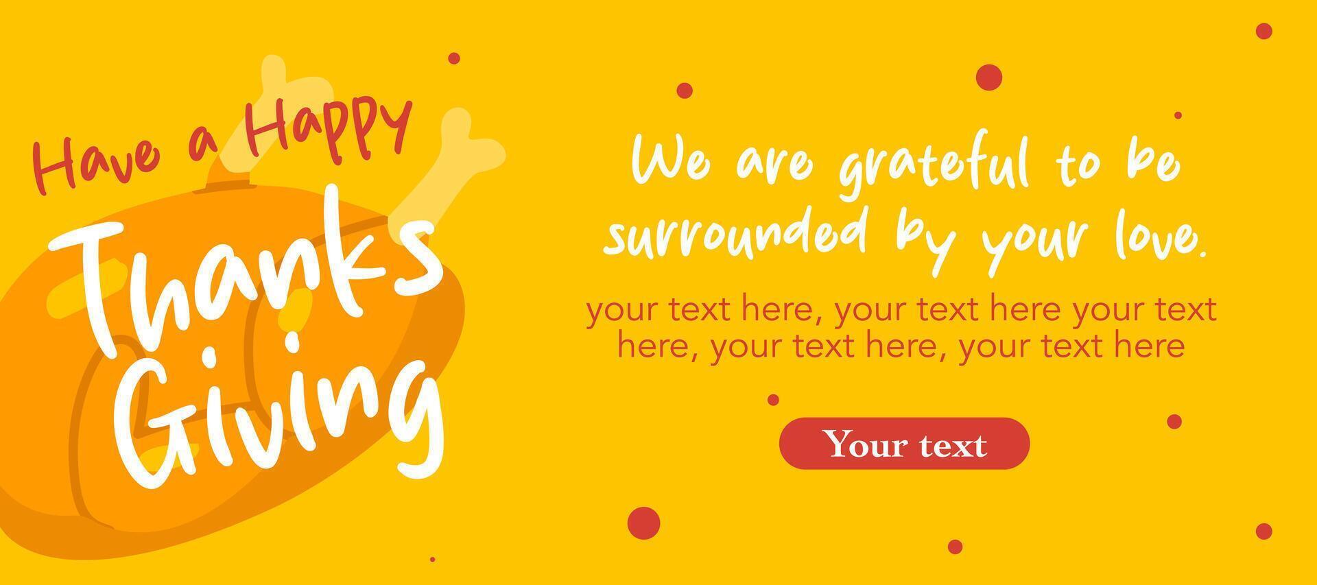 Happy Thanksgiving Day banner with chicken illustration on yellow horizontal background for advertising, greeting card, web, social media, poster and flyer vector