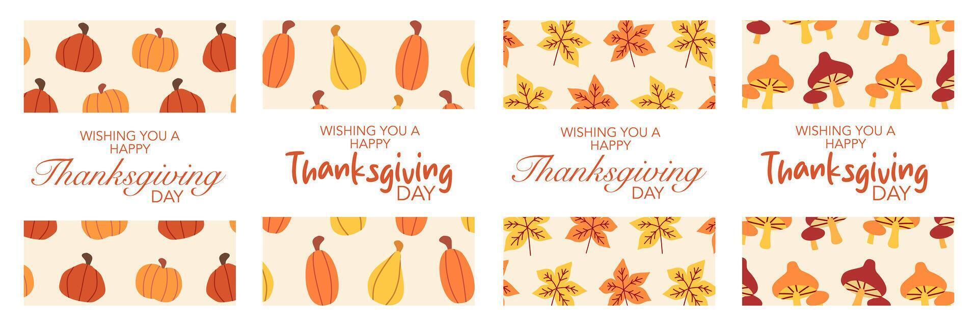 Set of Happy Thanksgiving Day banner with leaves and plant pattern illustration on cream color background for advertising, greeting card, web, social media, poster and flyer vector