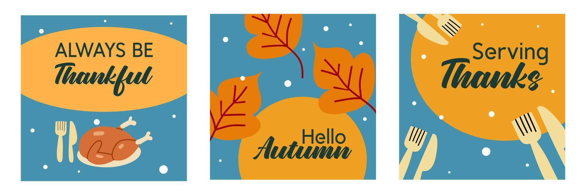 Set of Happy Thanksgiving Day banner with leaves and chicken illustration on blue background for advertising, greeting card, web, social media, poster and flyer vector