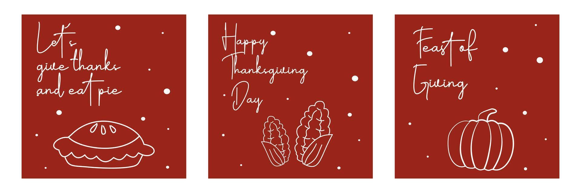 Set of Happy Thanksgiving Day banner with line illustration on red background for advertising, greeting card, web, social media, poster and flyer vector
