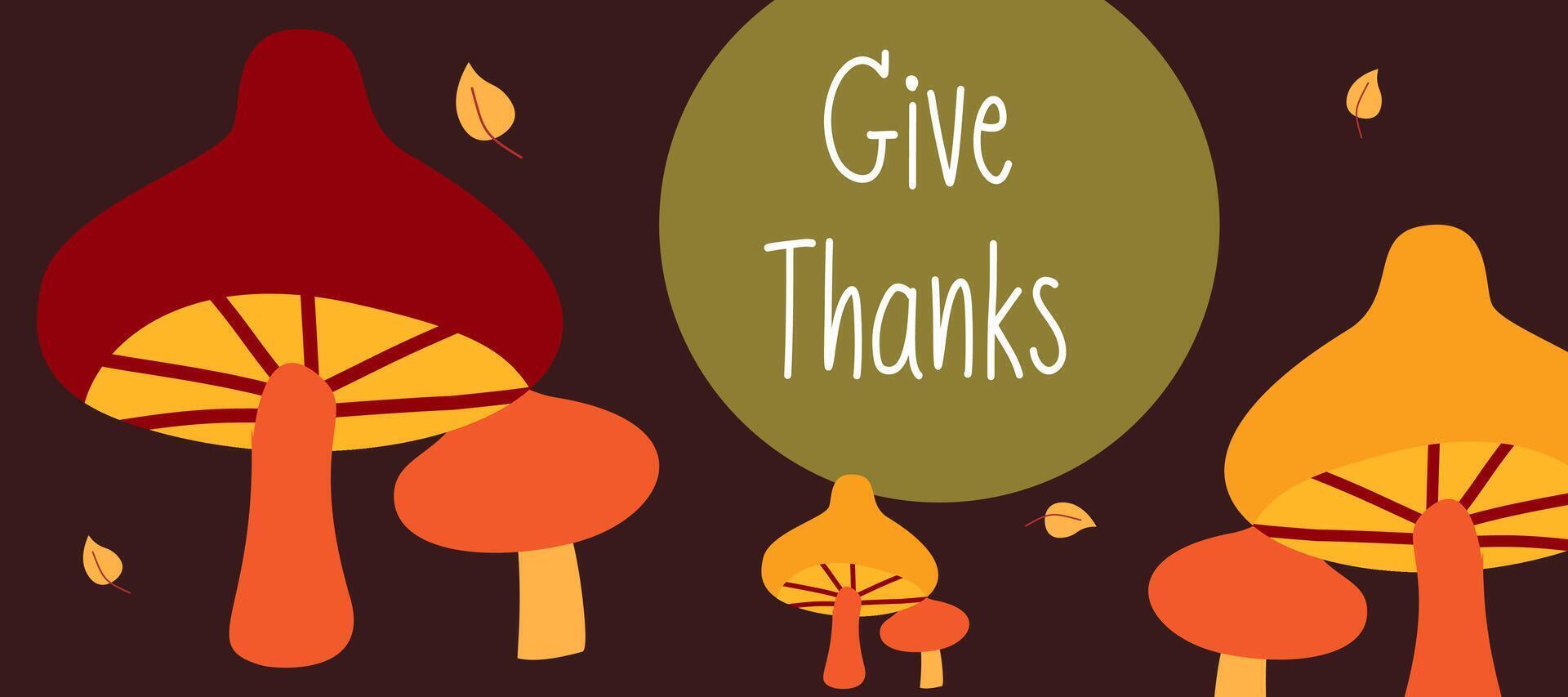 Happy Thanksgiving Day banner with mushroom illustration on brown horizontal background for advertising, greeting card, web, social media, poster and flyer vector