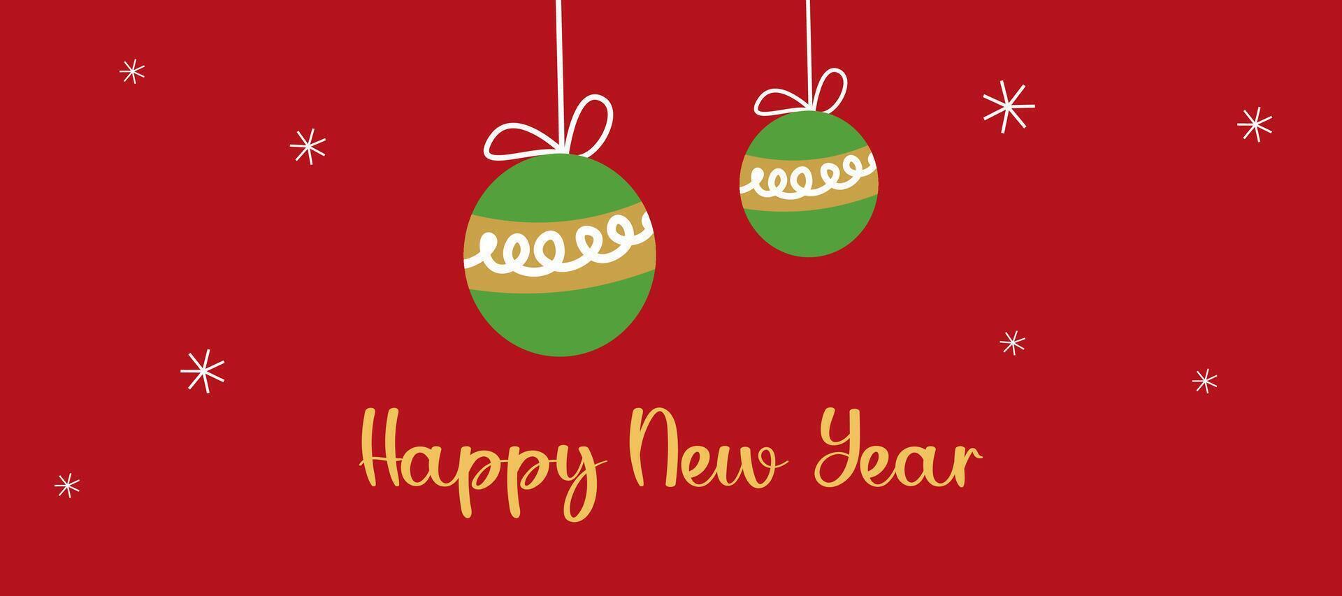 Merry Christmas and Happy New Year greeting card banner with bauble or balls on red background for sale and poster promotion template vector