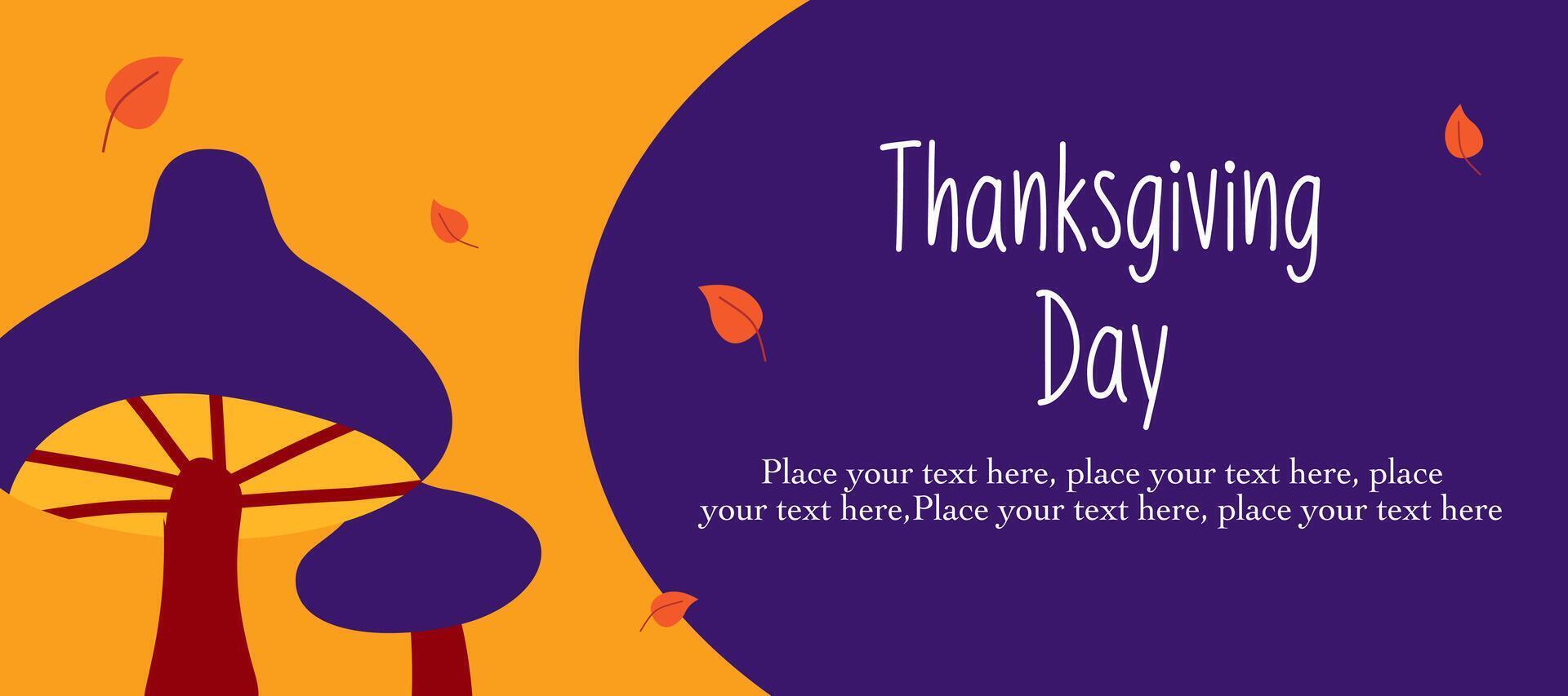 Happy Thanksgiving Day banner with mushroom illustration on purple horizontal background for advertising, greeting card, web, social media, poster and flyer vector