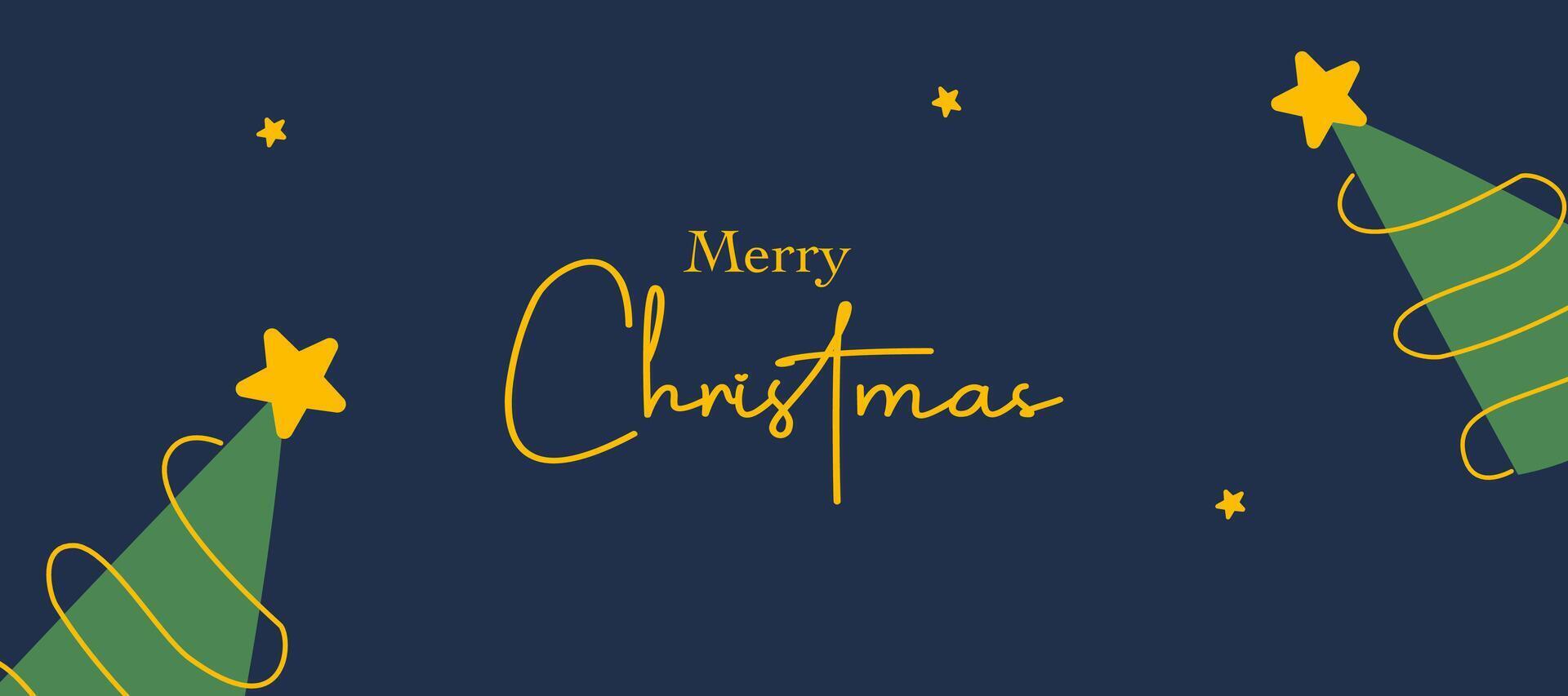 Merry Christmas and Happy New Year flat cartoon greeting template with christmas tree illustration, lettering and blue background design for holiday invitation, card, poster, cover, banner, flyer, web vector
