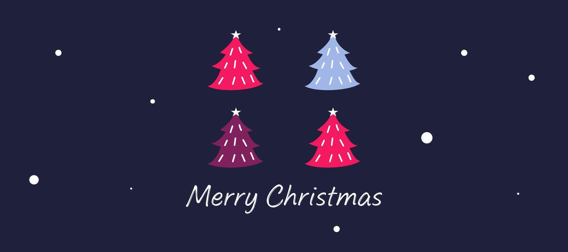 Trendy Merry Christmas and Happy New Year greeting card banner with christmas tree on dark background for sale and poster promotion template vector