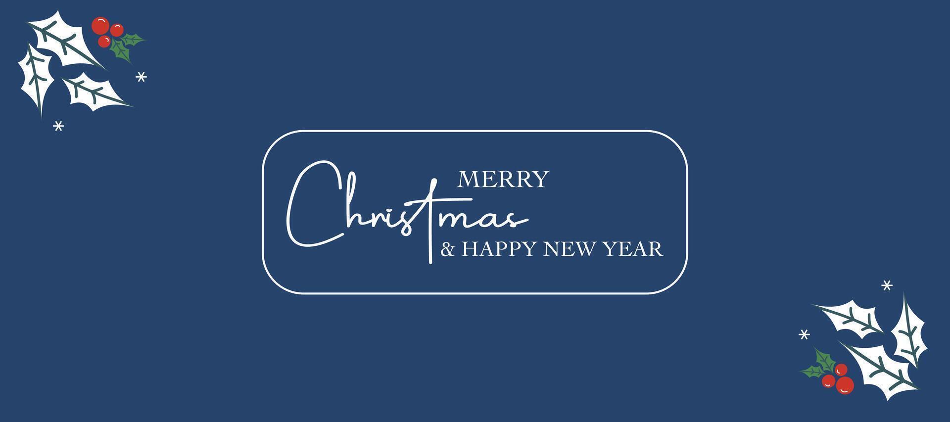 Merry Christmas and Happy New Year flat cartoon greeting template with berries illustration, lettering and blue background design for holiday invitation, card, poster, cover, banner, flyer, web vector
