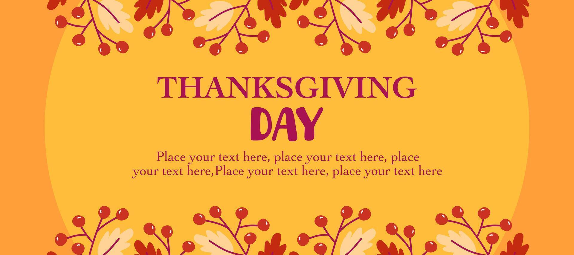 Happy Thanksgiving Day banner with berries illustration on orange horizontal background for advertising, greeting card, web, social media, poster and flyer vector