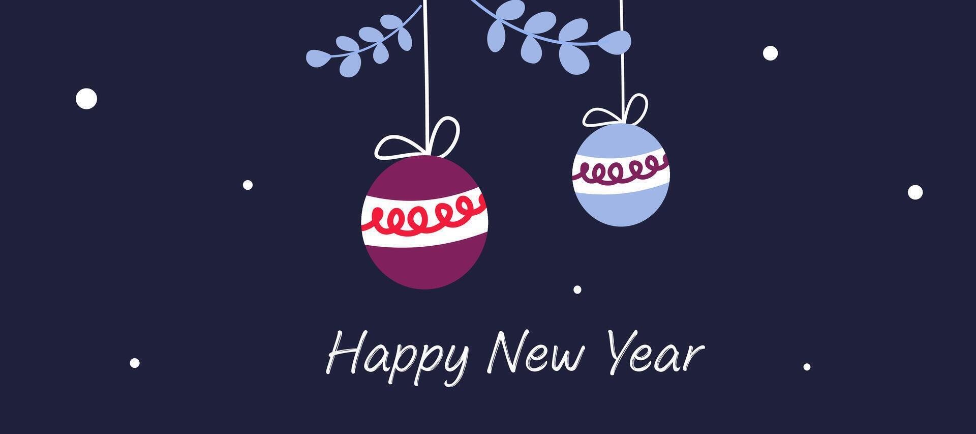 Merry Christmas and Happy New Year greeting card banner with bauble or balls on dark background for sale and poster promotion template vector