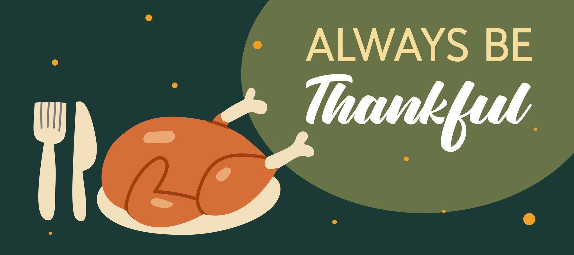 Happy Thanksgiving Day banner with chicken illustration on green horizontal background for advertising, greeting card, web, social media, poster and flyer vector