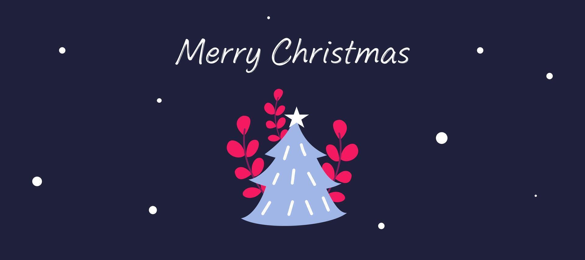 Creative Merry Christmas and Happy New Year greeting card banner with christmas tree on dark background for sale and poster promotion template vector