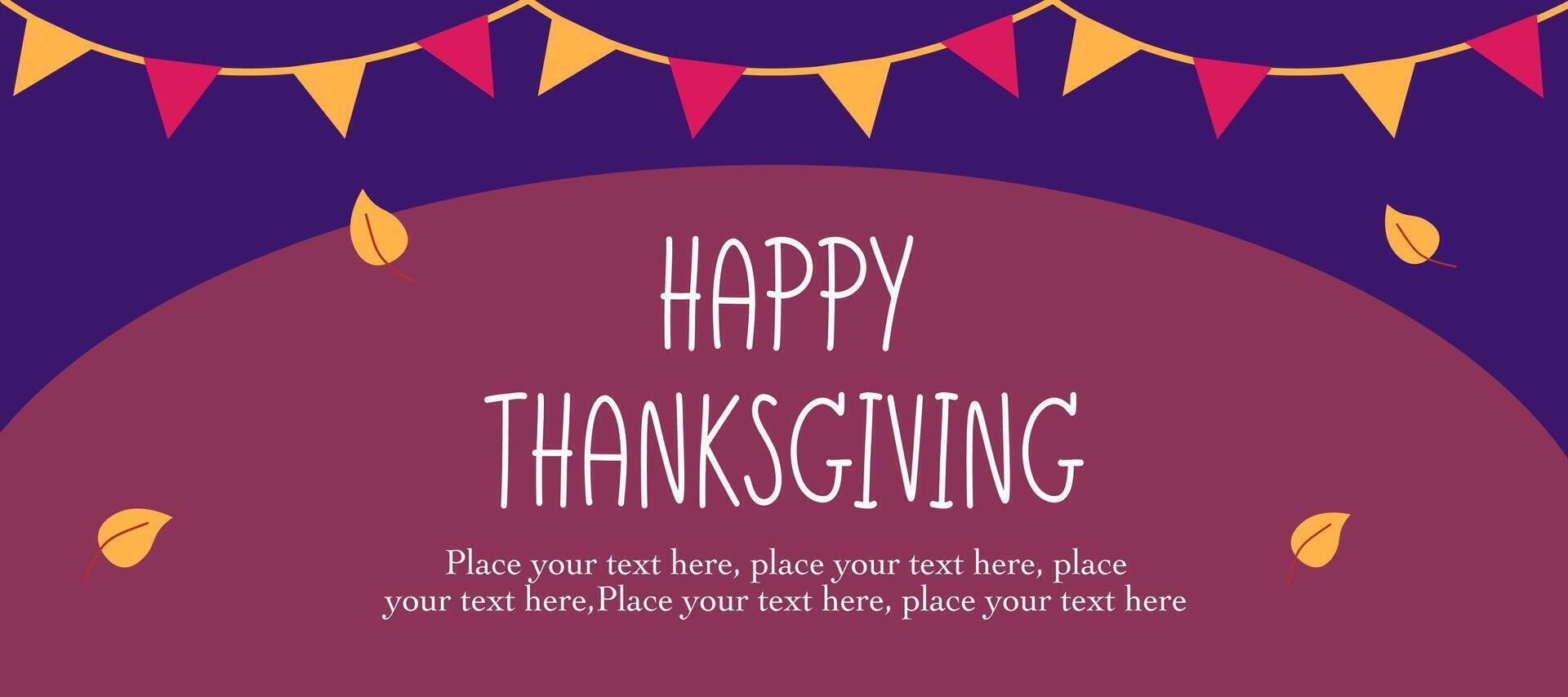 Happy Thanksgiving Day banner with fall leaves illustration on purple horizontal background for advertising, greeting card, web, social media, poster and flyer vector
