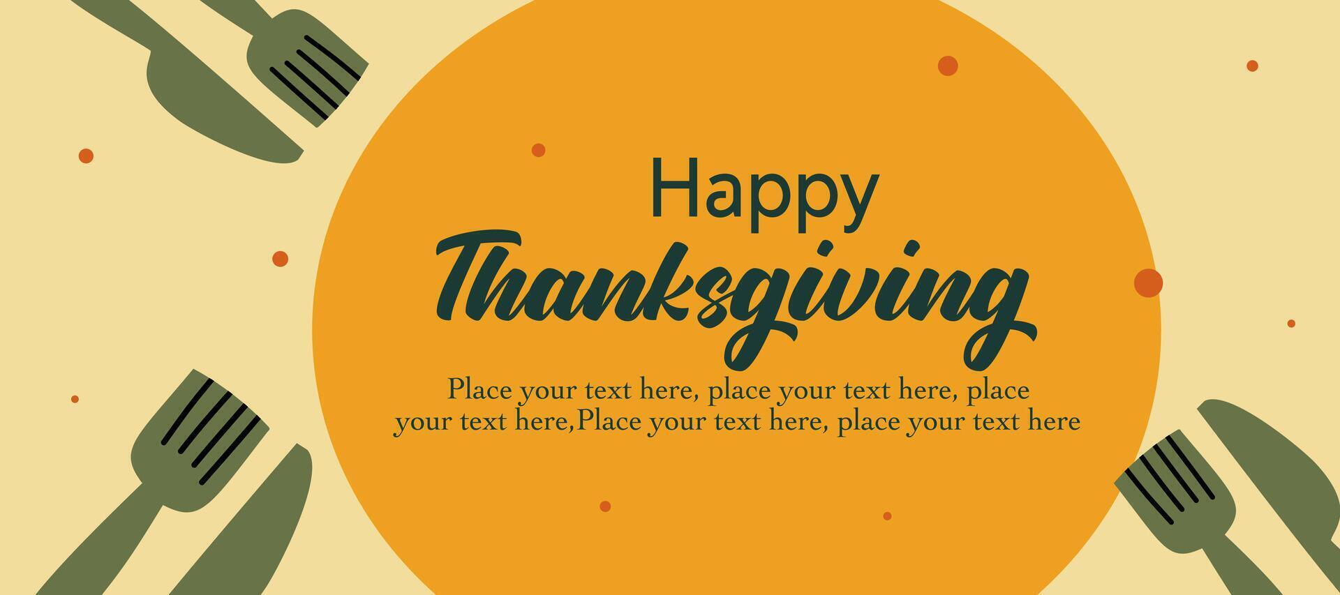 Happy Thanksgiving Day banner with illustration on yellow horizontal background for advertising, greeting card, web, social media, poster and flyer vector