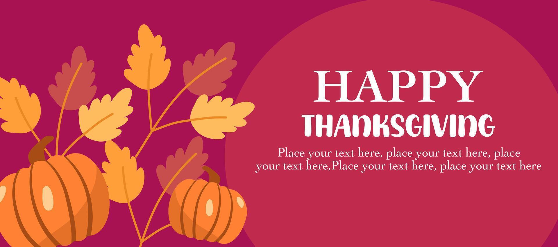 Happy Thanksgiving Day banner with pumpkin illustration and autumn leaves on red horizontal background for advertising, greeting card, web, social media, poster and flyer vector