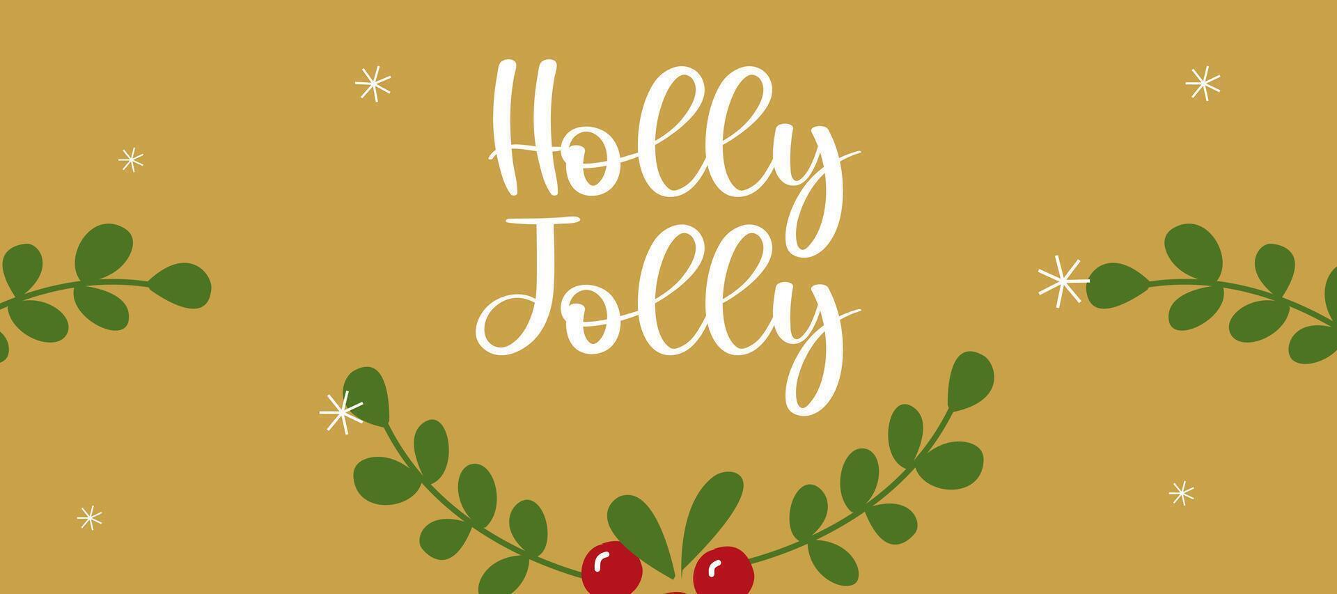 Merry Christmas and Happy New Year greeting card banner with berries and typography on gold background for sale and poster promotion template vector