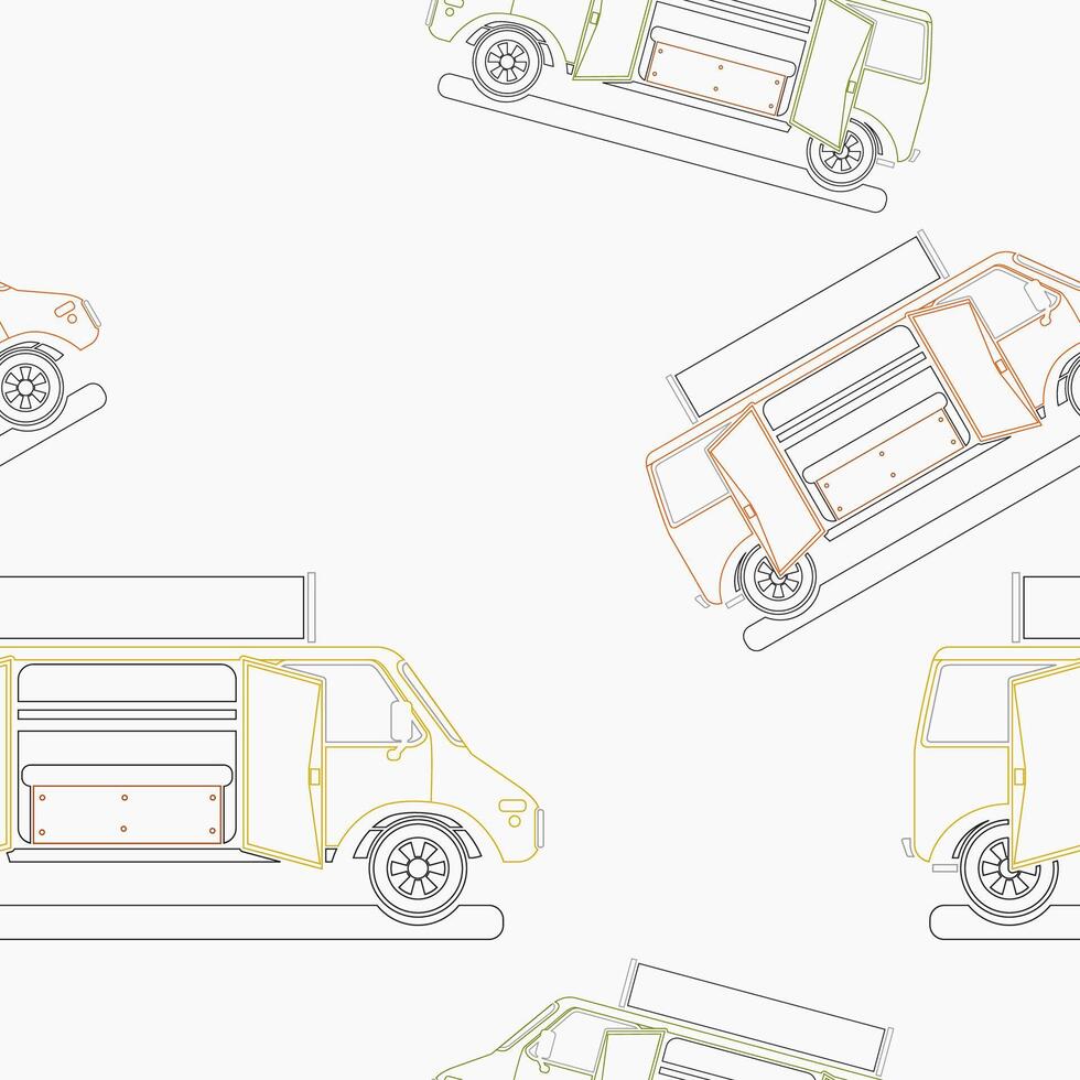 Editable Two Doors Mobile Food Truck Vectorized Illustration Seamless Pattern in Outline Style for Creating Background of Vehicle or Food and Drink Business Related Design vector