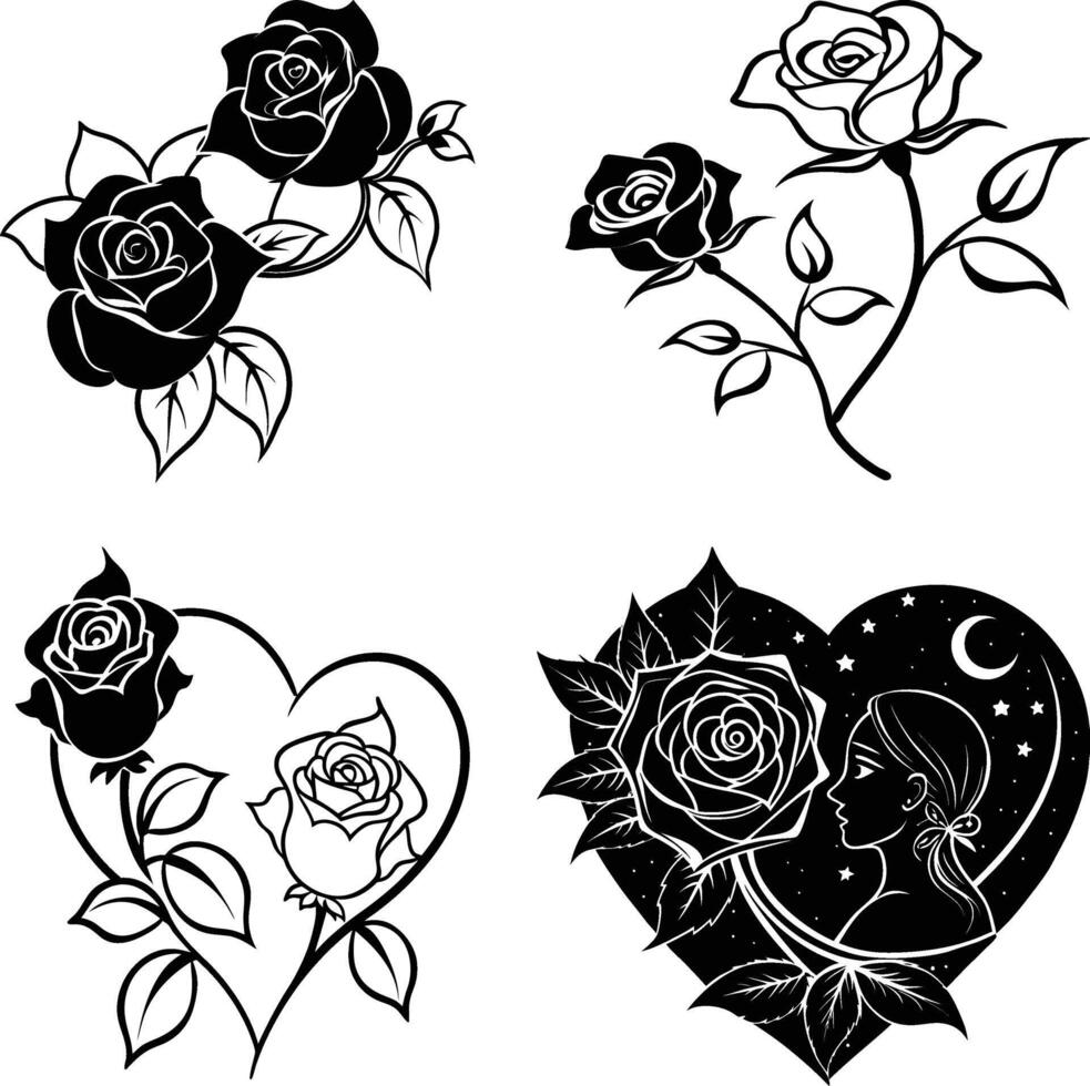 Romantic rose silhouette set vector