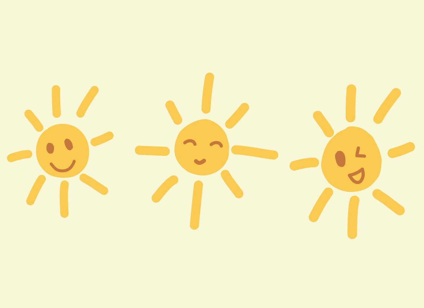 Set of three cute sun illustrations with different facial expressions in a doodle style vector
