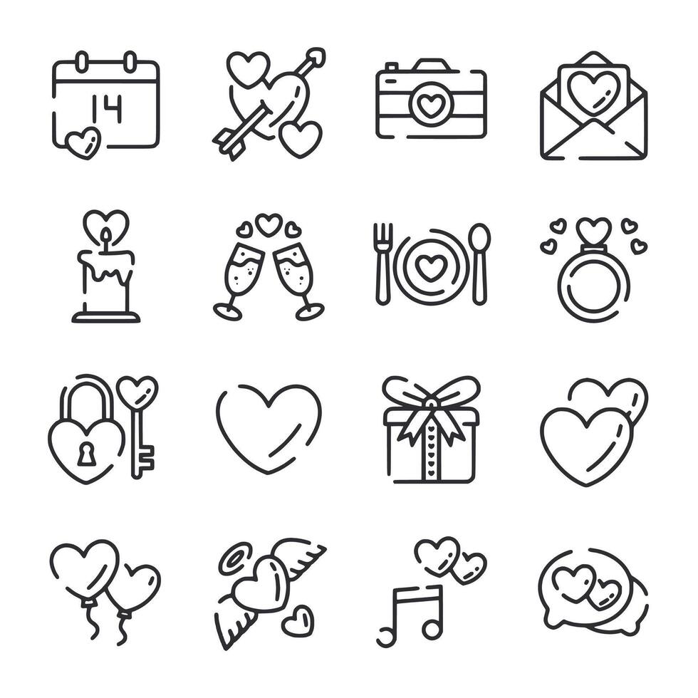 A set of Valentine's Day icons including a camera, a key, a fork, a knife vector