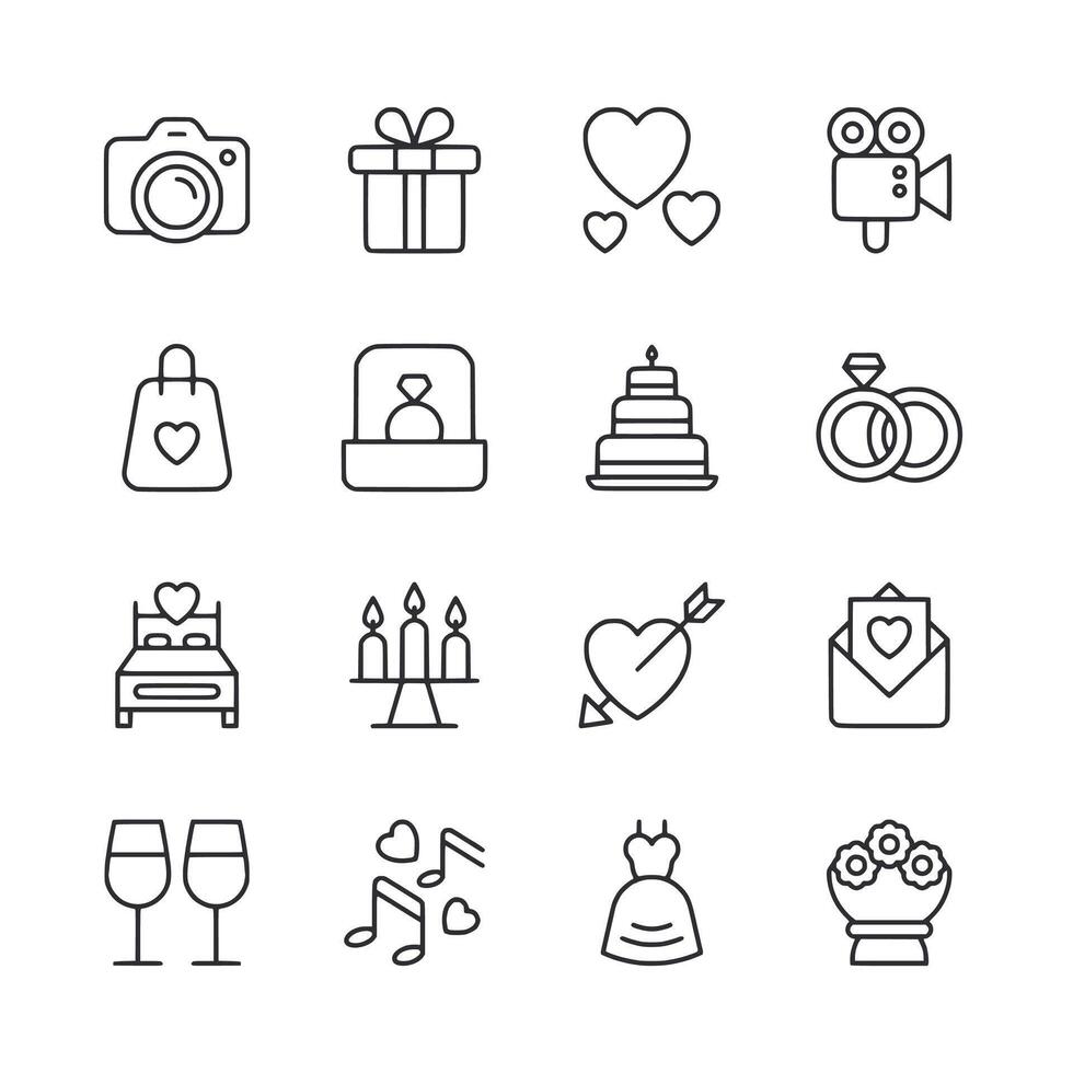 A set of wedding related icons including a camera, a ring, a cake, a dress vector