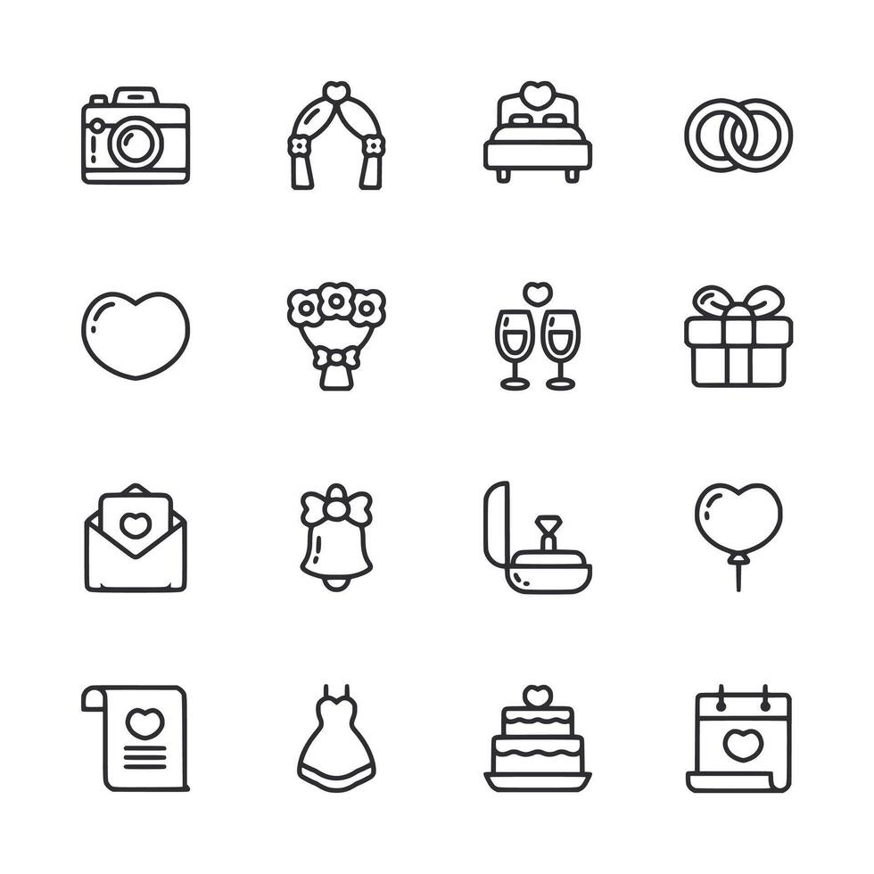 A set of wedding related icons including a camera, a dress, a cake, a ring vector