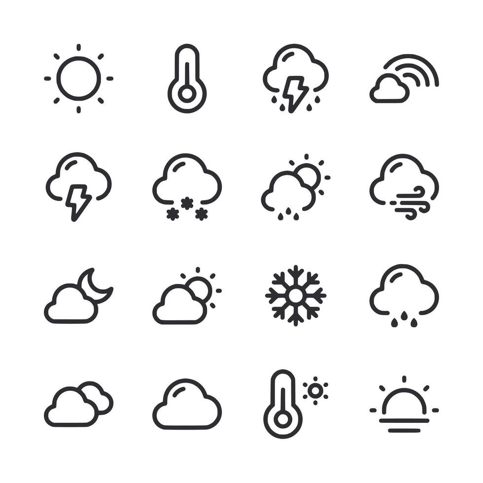 A set of weather icons including sun, rain, snow, and clouds vector