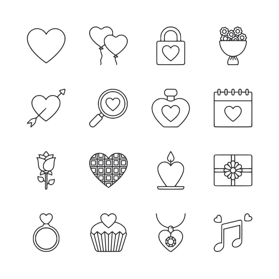 A set of Valentine's Day icons including hearts, balloons, and a ring vector
