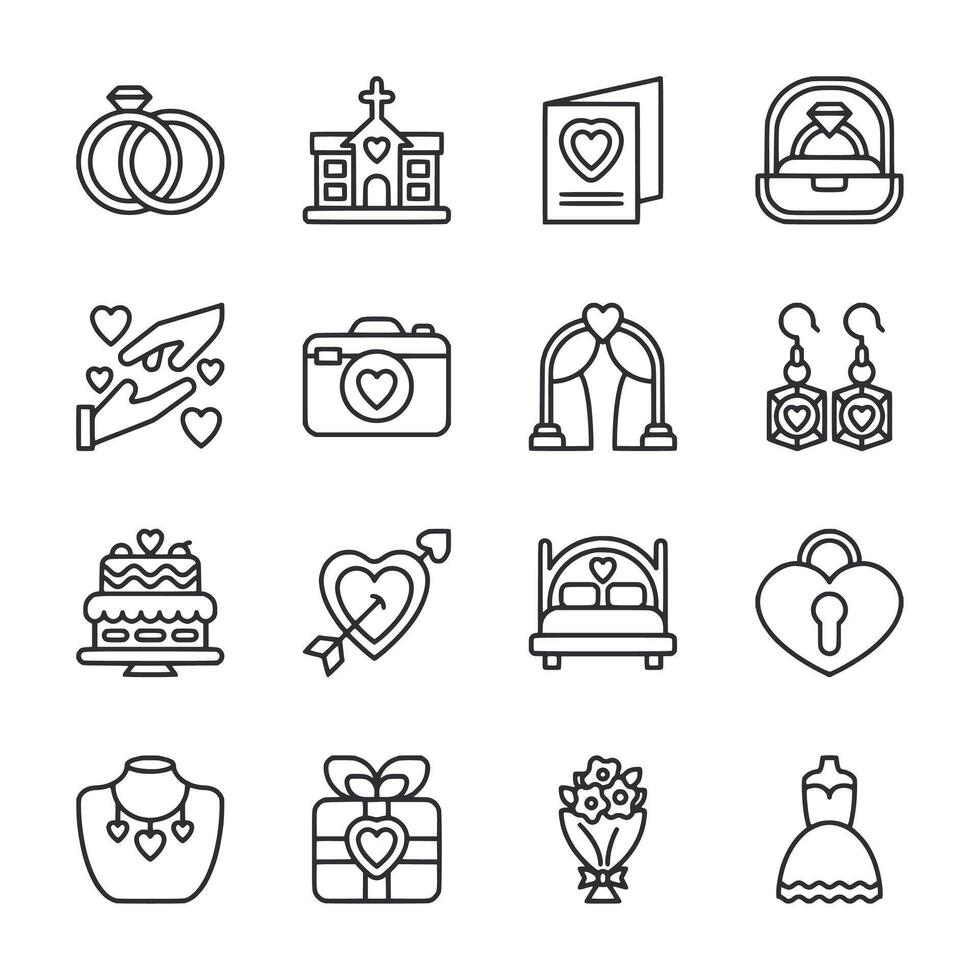A set of wedding related icons including a ring, a camera, a dress, a key vector