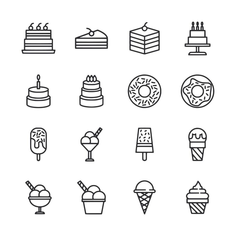 A set of food icons including cakes, donuts, and ice cream vector