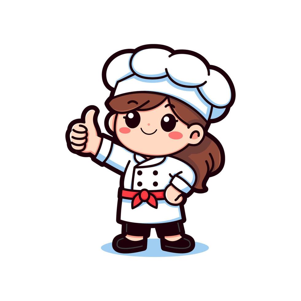 Simple Bold Illustration Of Adorable Female Chibi Chef Cartoon Giving a Thumbs Up Gesture vector