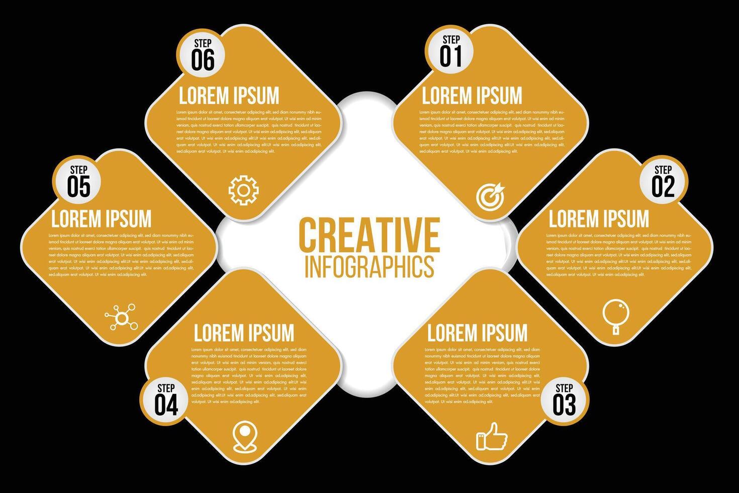Infographics 6 Yellow options or steps circle elements chart black template.Abstract of graph, parts or processes. vector